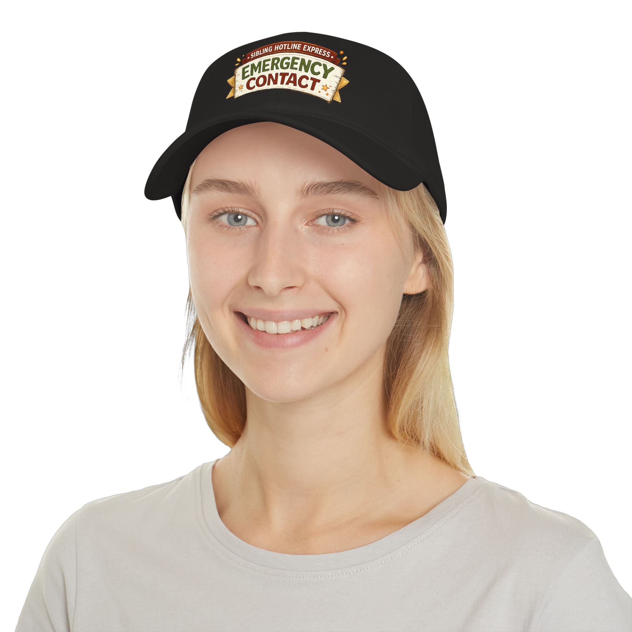 Model wearing Emergency Contact raksha bandhan cap, angle view