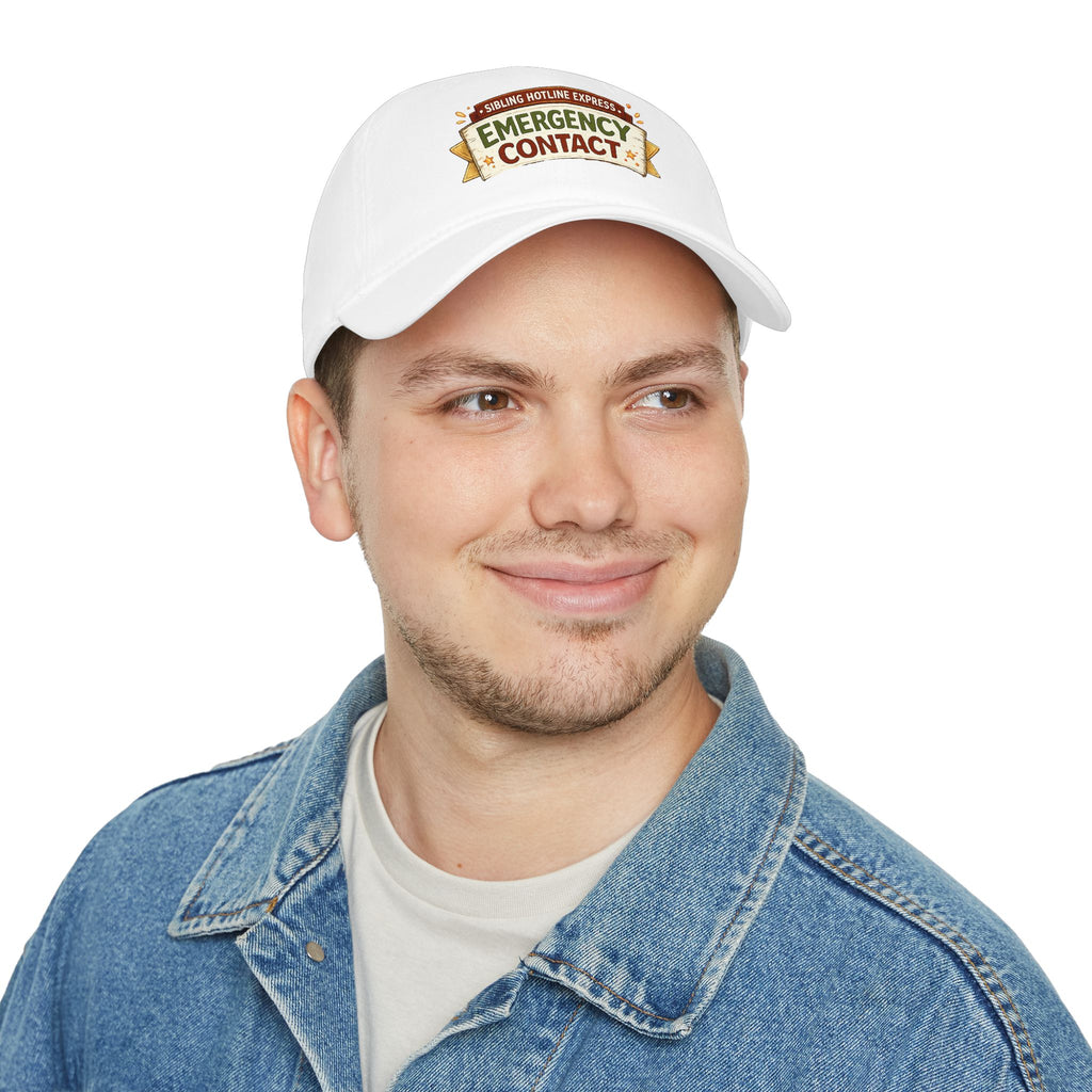Model wearing Emergency Contact rakhi cap, close-up, white