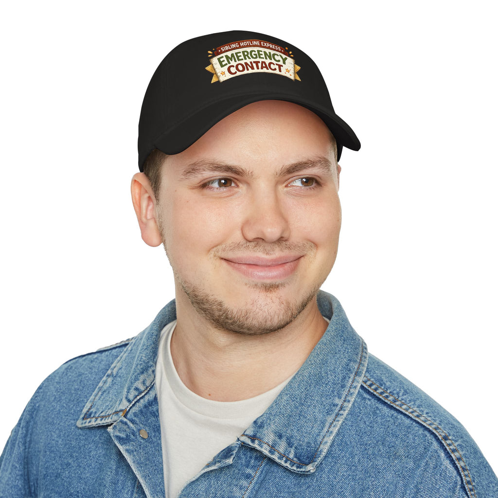 Model wearing Emergency Contact rakhi cap, front view, black