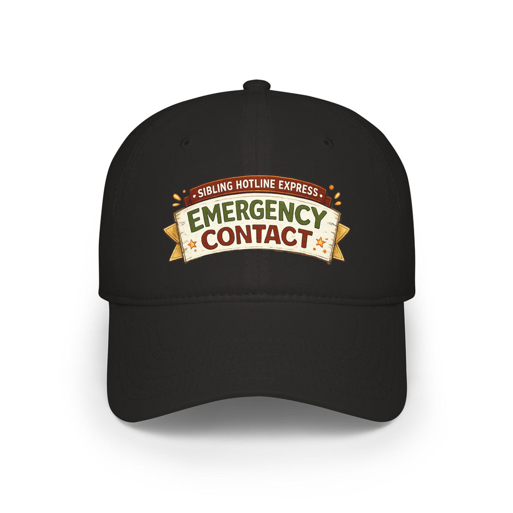 Model wearing Emergency Contact rakhi cap, front view, black