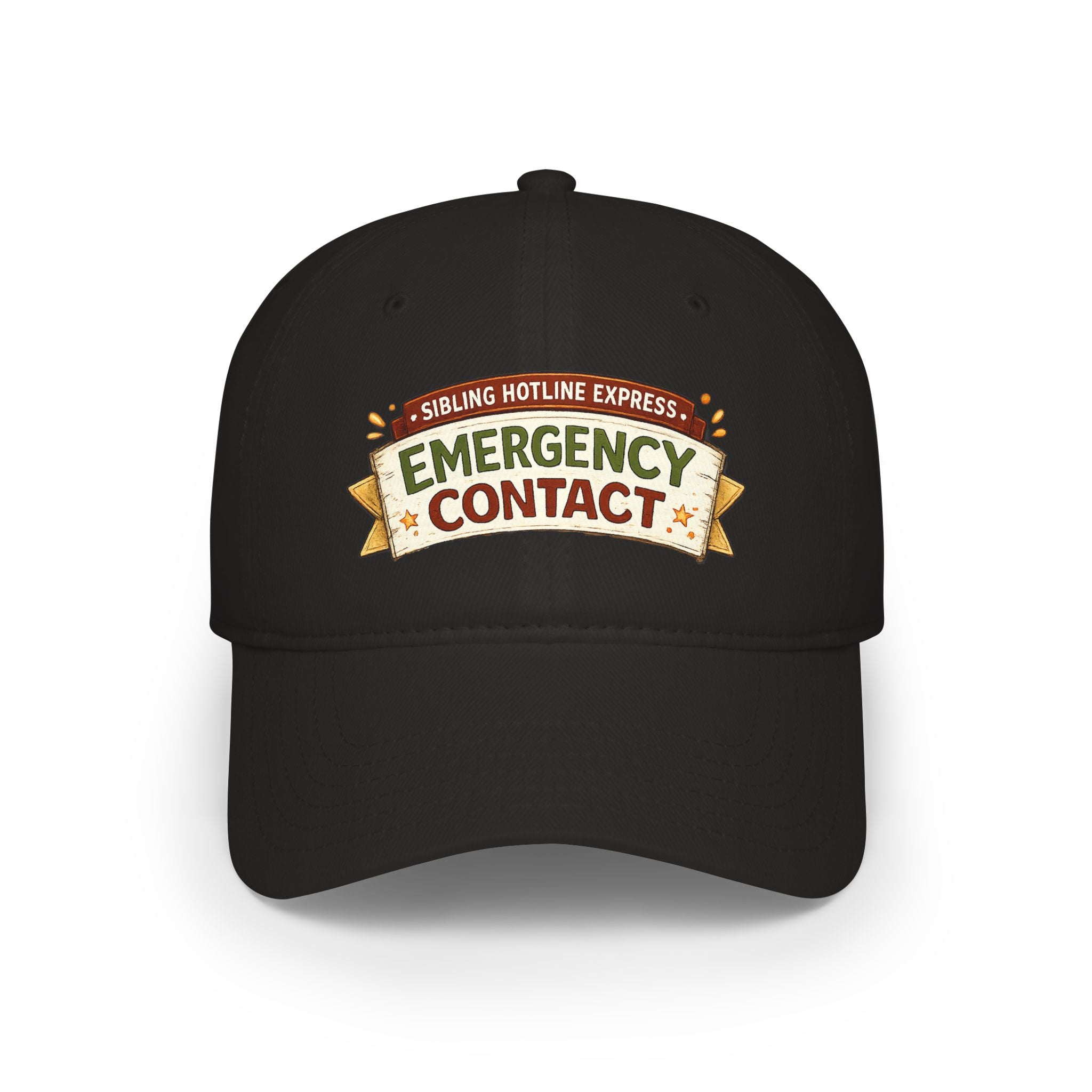 Model wearing Emergency Contact rakhi cap, front view, black