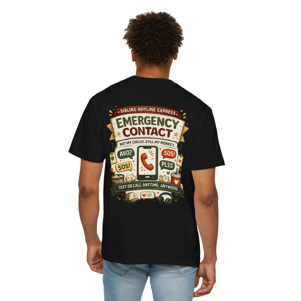 Emergency Contact Tee – Wear Pardesi Certified Chaos streetwear tee back graphic on model, black colorway