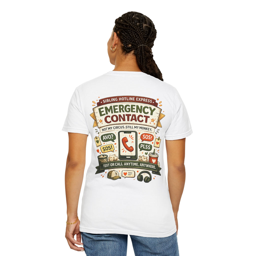 Emergency Contact Tee – Wear Pardesi Certified Chaos streetwear tee back graphic on model, white colorway