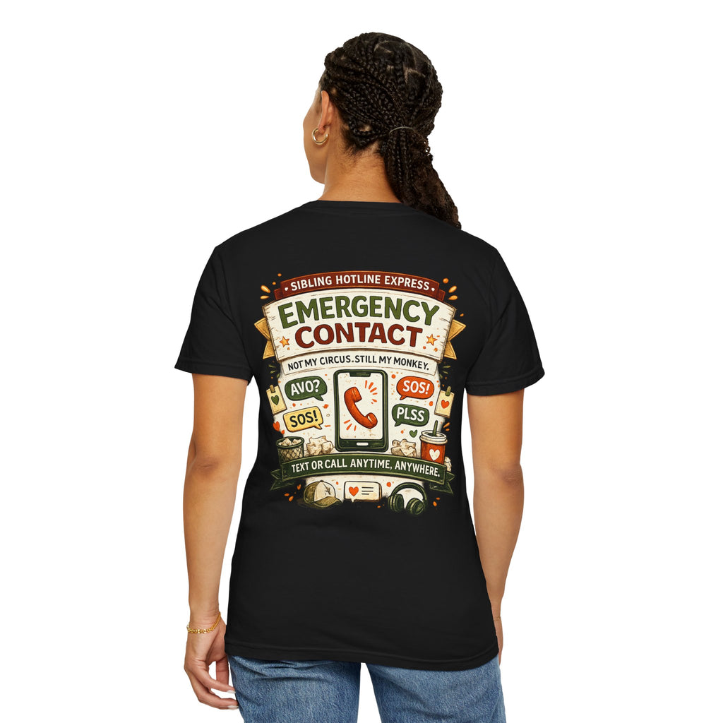 Emergency Contact Tee – Wear Pardesi Certified Chaos streetwear tee back graphic on model, white colorway