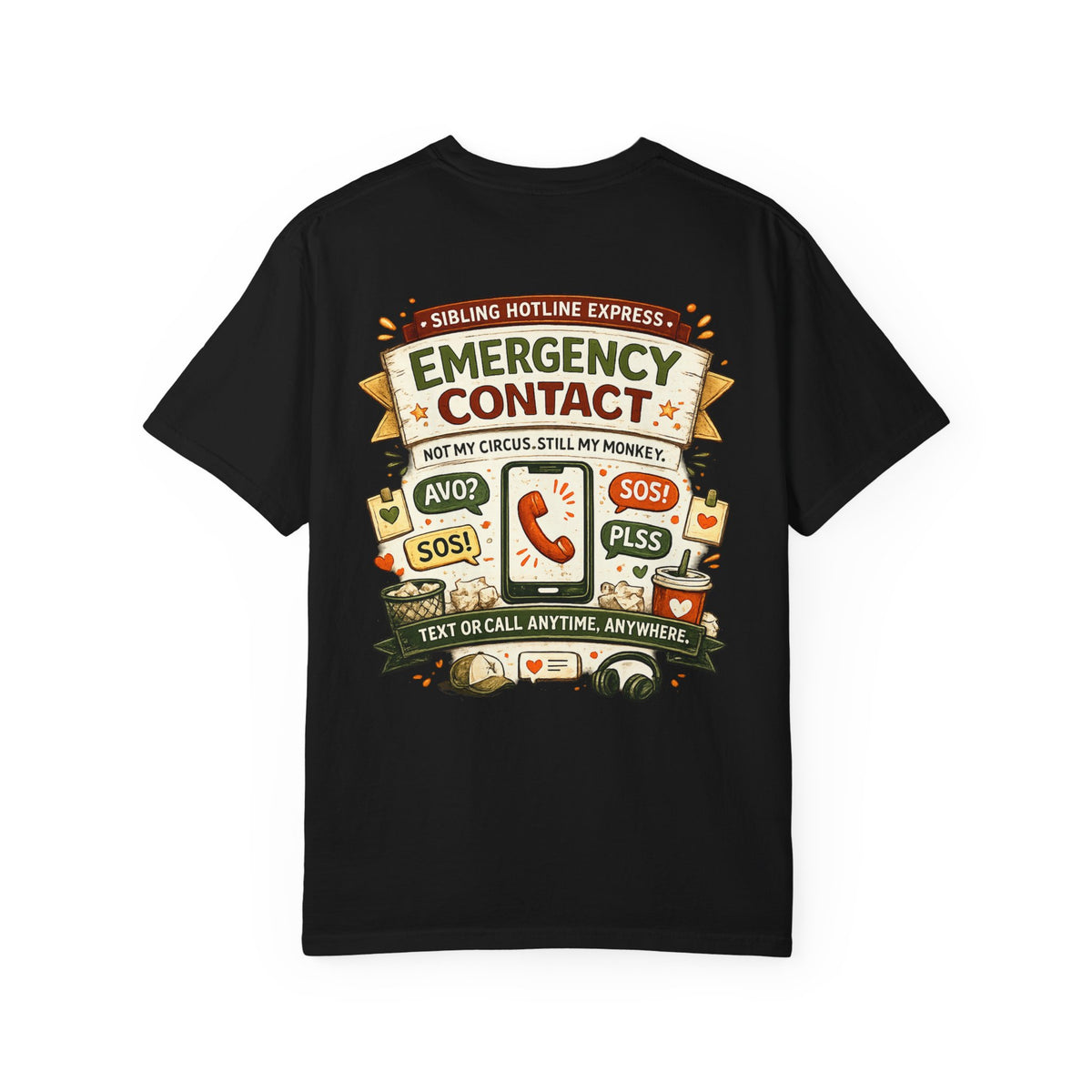 Emergency Contact Tee – Wear Pardesi Certified Chaos streetwear tee flat lay showing front chest print, black colorway