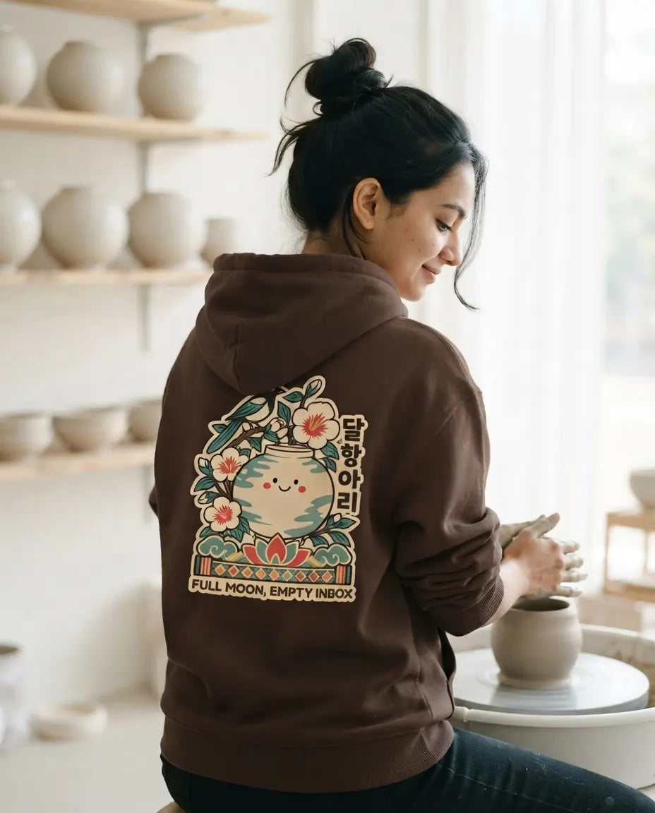 Woman in a coffee brown Full Moon Empty Inbox Korean hoodie showing the moon jar back print