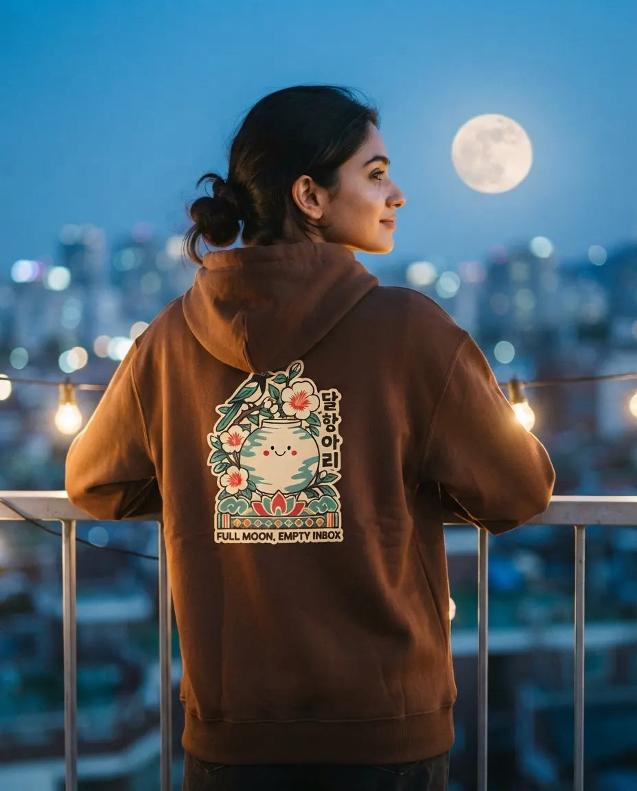 A woman stands on a balcony at dusk wearing a brown hoodie with a large colorful cat graphic and Korean text on the back, with a full moon and blurred city lights in the background.