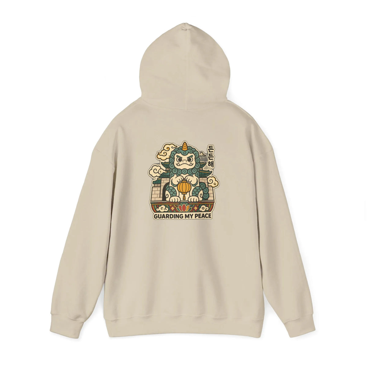 Beige hoodie with a haetae guardian print on the back