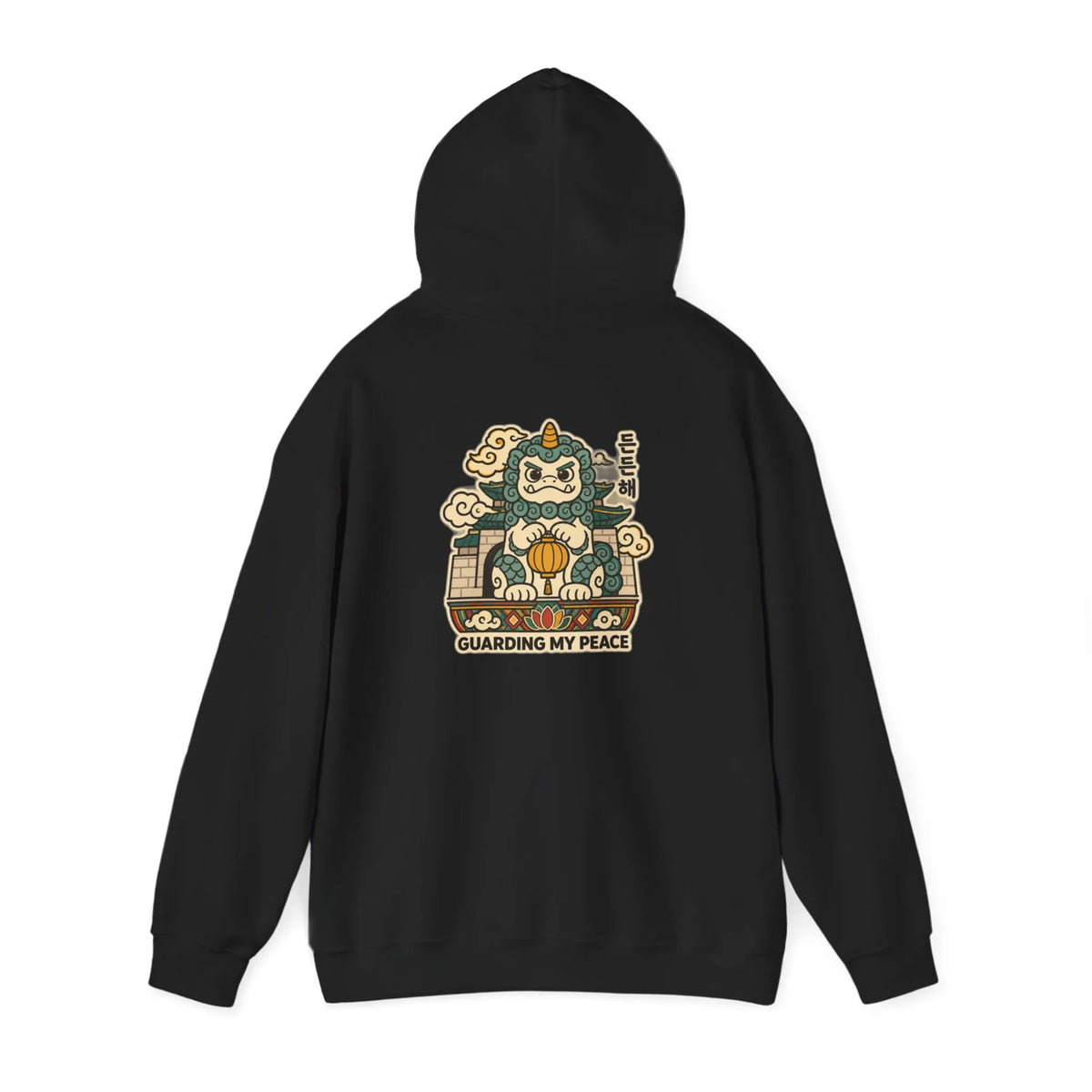 Black hoodie with a haetae guardian print on the back