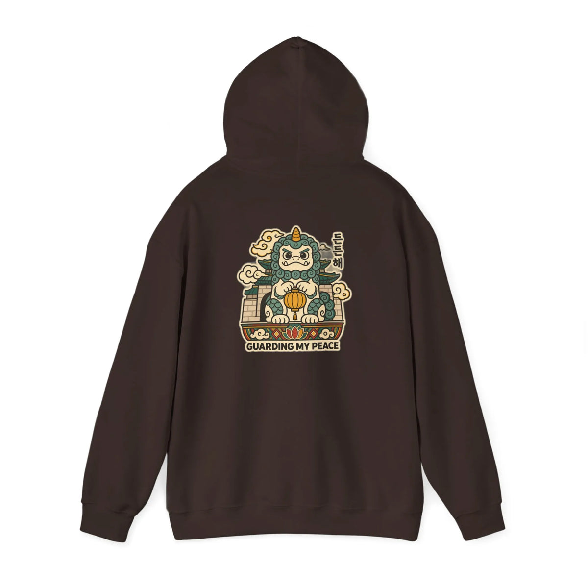 Coffee brown hoodie with a haetae guardian print on the back