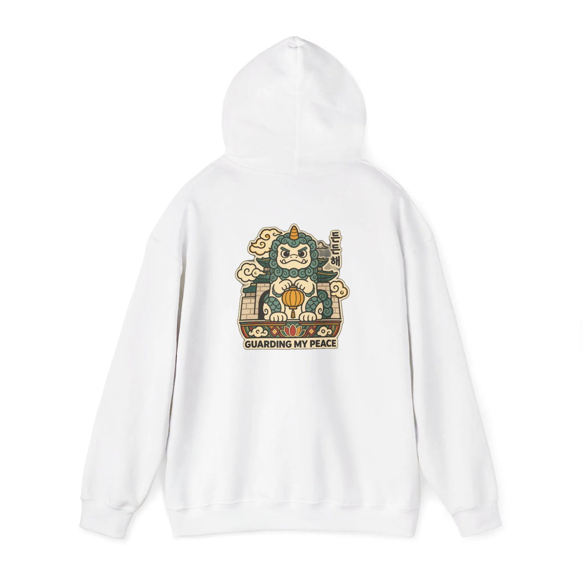 Off-white hoodie with a haetae guardian print on the back