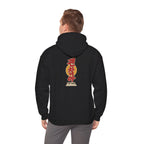 Back view of a black hoodie with a vertical Korean text print, worn by a man