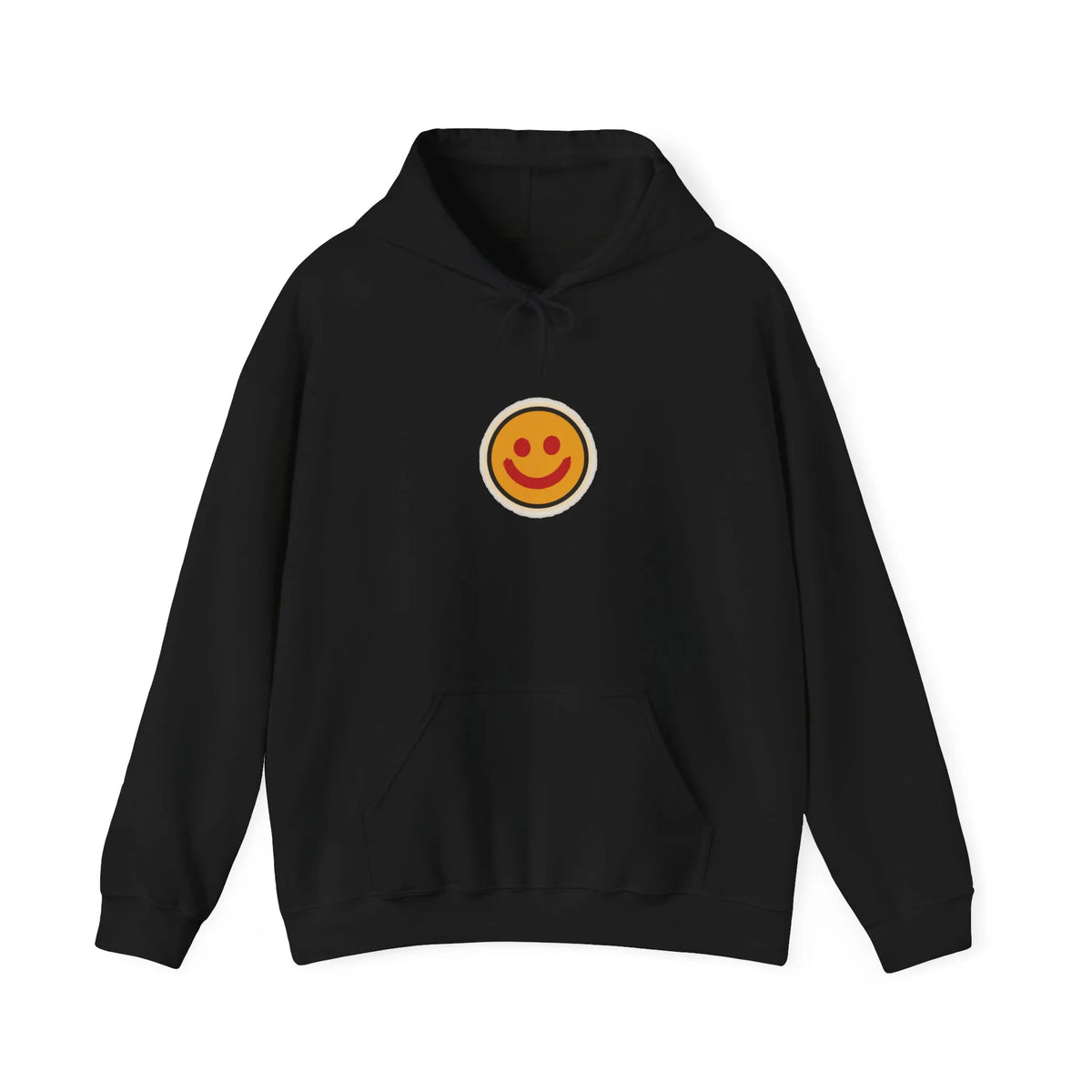 Front of a black hoodie with a small smiley face print and kangaroo pocket