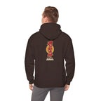 Back view of a coffee brown hoodie with a vertical Korean text print, worn by a man