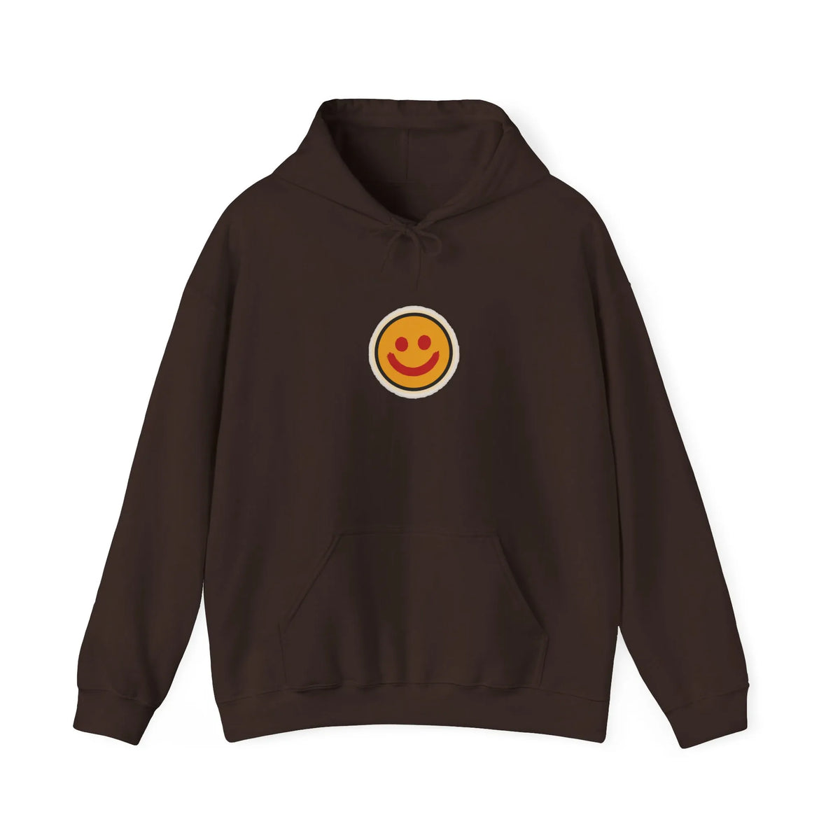 Front of a coffee brown hoodie with a small smiley face print