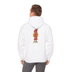 Back view of an off-white hoodie with a vertical Korean text print, worn by a man