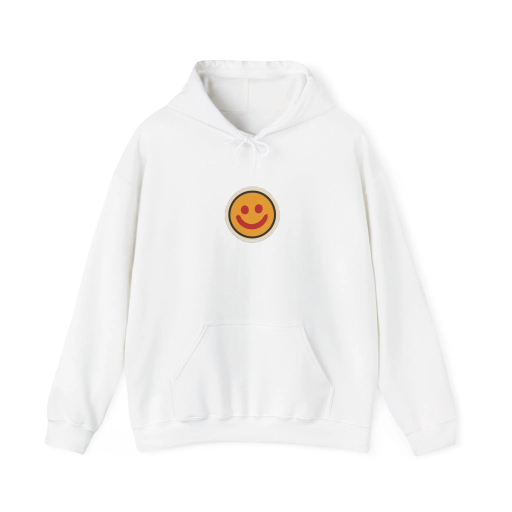 Front of an off-white hoodie with a small smiley face print