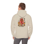 Back view of a beige hoodie with a lucky pouch, persimmons and coins print, worn by a man