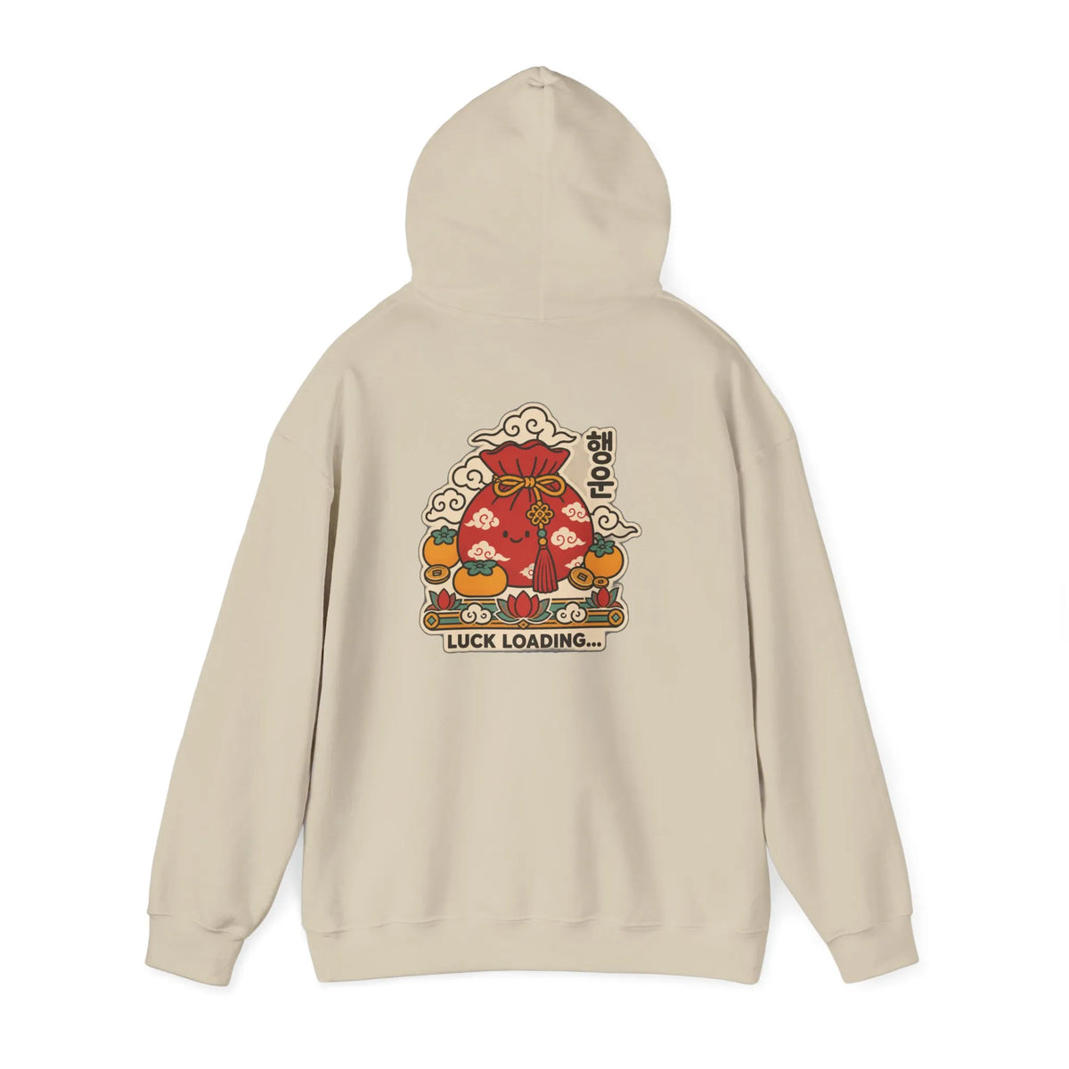 Beige hoodie with a lucky pouch, persimmons and coins print on the back