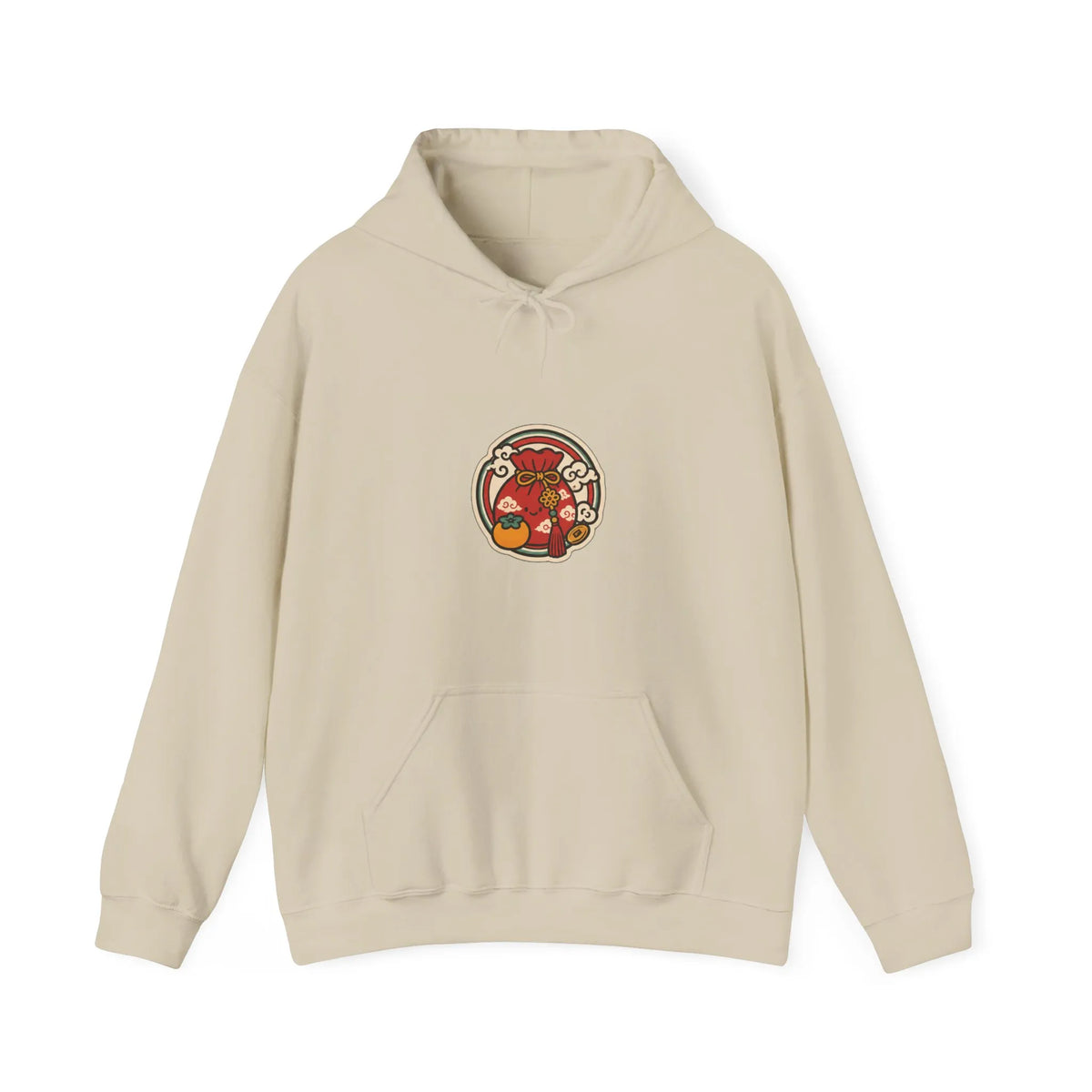 Front of a beige hoodie with a small lucky pouch badge