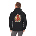 Back view of a black hoodie with a lucky pouch, persimmons and coins print, worn by a man