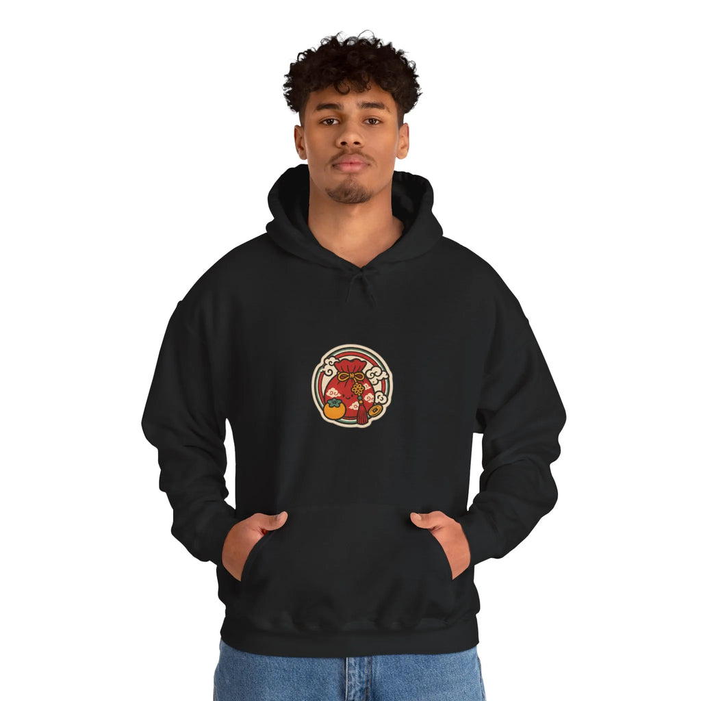 Man in a black hoodie with a small lucky pouch badge on the chest