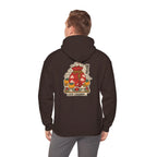 Back view of a coffee brown hoodie with a lucky pouch, persimmons and coins print, worn by a man