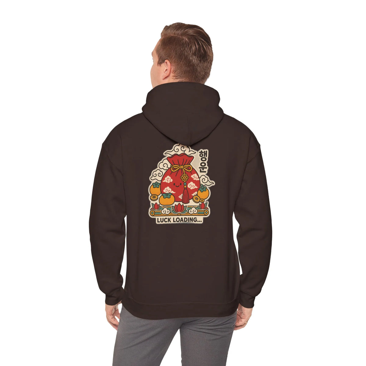 Back view of a coffee brown hoodie with a lucky pouch, persimmons and coins print, worn by a man