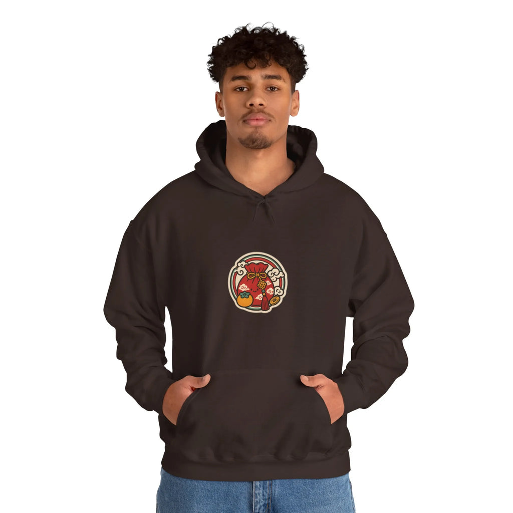 Man in a coffee brown hoodie with a small lucky pouch badge on the chest
