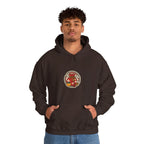 Man in a coffee brown hoodie with a small lucky pouch badge on the chest