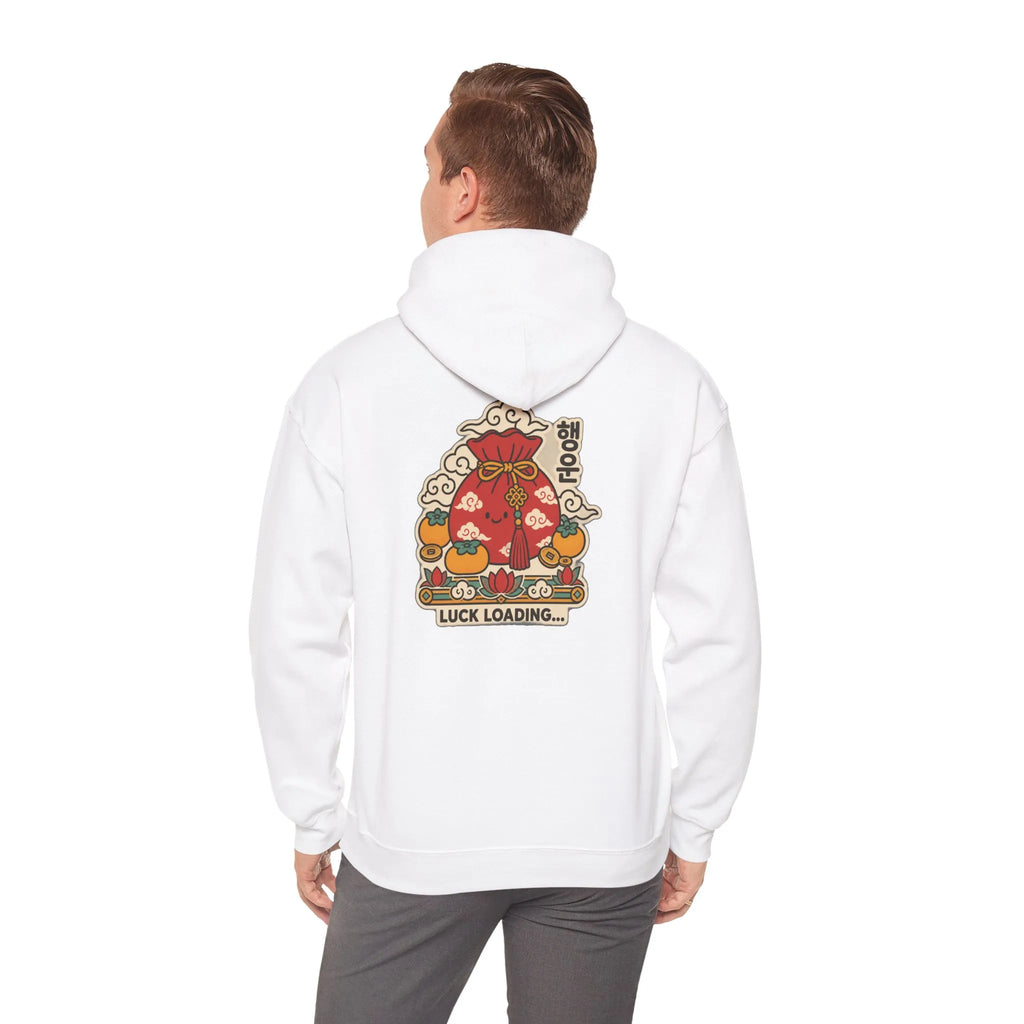Back view of an off-white hoodie with a lucky pouch, persimmons and coins print, worn by a man
