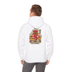 Back view of an off-white hoodie with a lucky pouch, persimmons and coins print, worn by a man