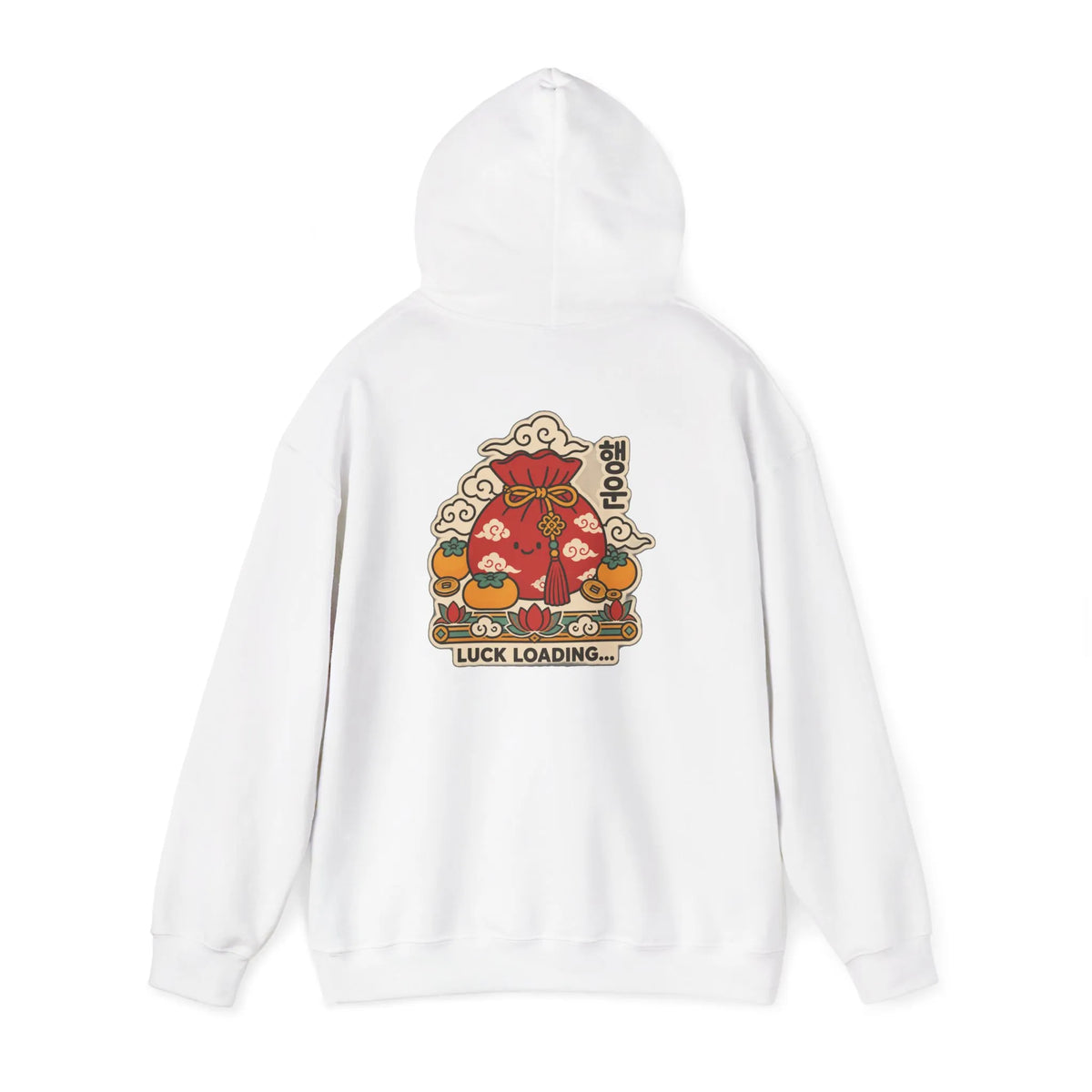 Off-white hoodie with a lucky pouch, persimmons and coins print on the back