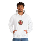 Man in an off-white hoodie with a small lucky pouch badge on the chest