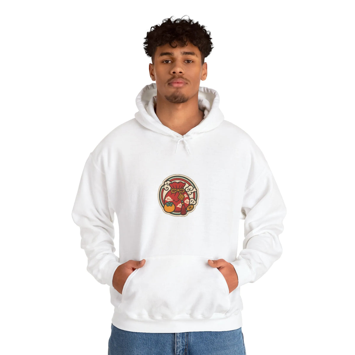 Man in an off-white hoodie with a small lucky pouch badge on the chest