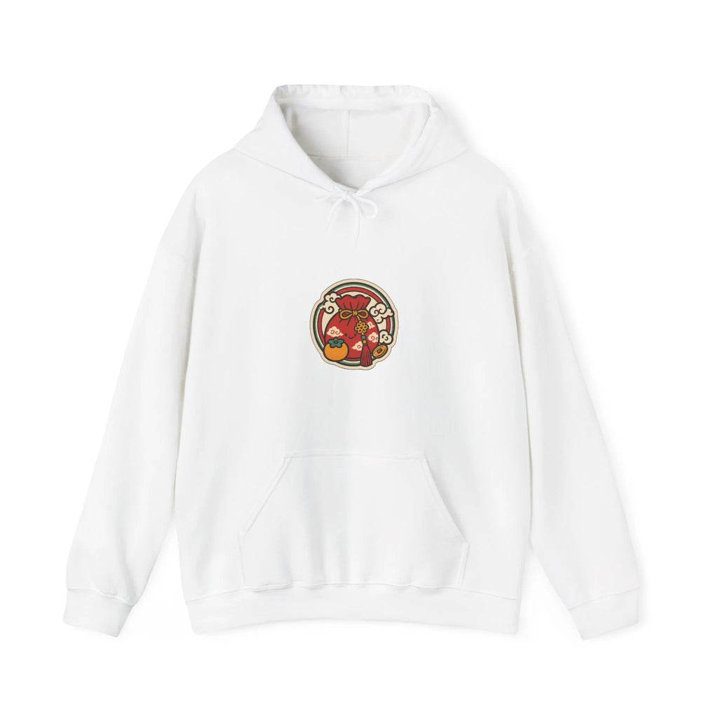 Front of an off-white hoodie with a small lucky pouch badge