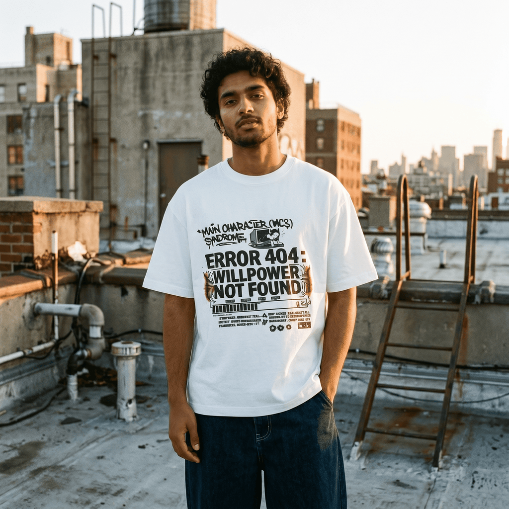 Model wearing "Main Character" Syndrome funky graphic tee, front view, rooftop
