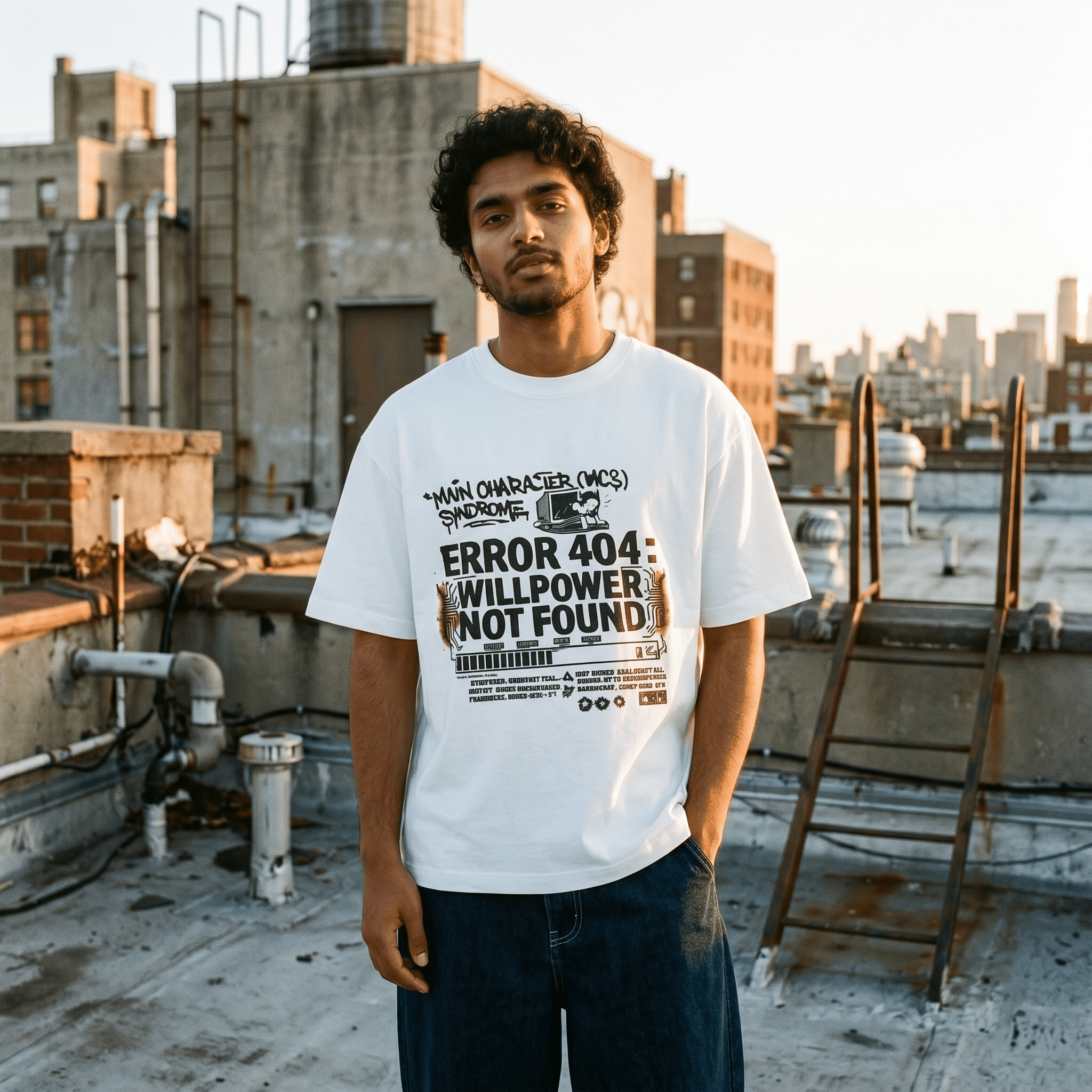 Model wearing "Main Character" Syndrome funky graphic tee, front view, rooftop