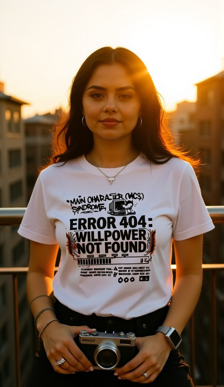 Model wearing "Main Character" Syndrome funky graphic t-shirt, lifestyle shot