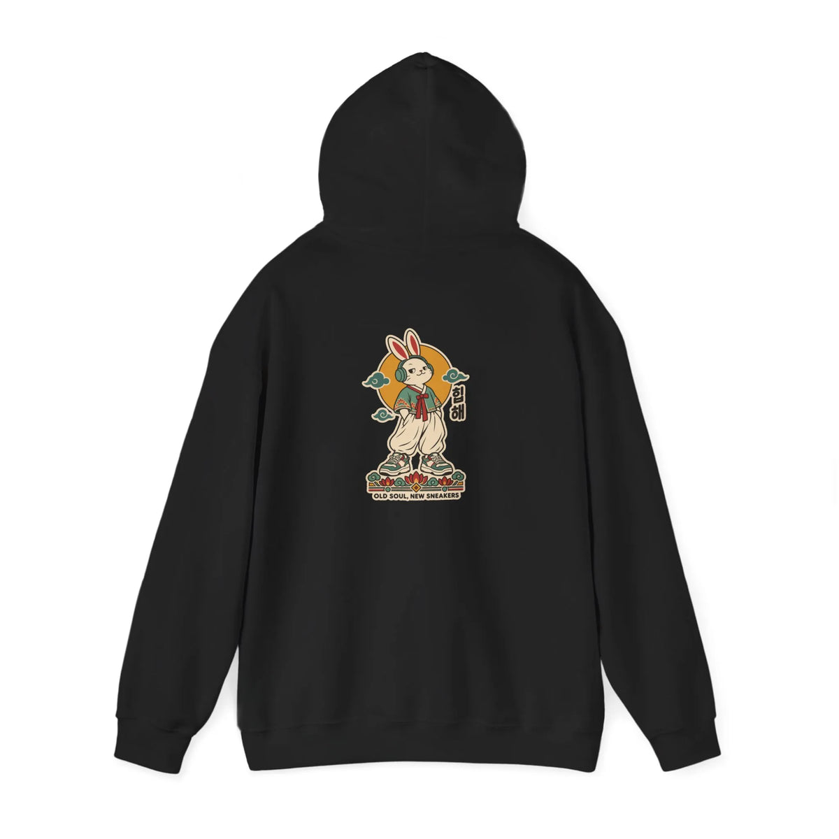 Black hoodie with a bunny in a hanbok, headphones and sneakers on the back