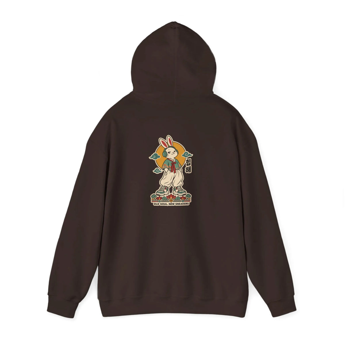 Coffee brown hoodie with a bunny in a hanbok, headphones and sneakers on the back