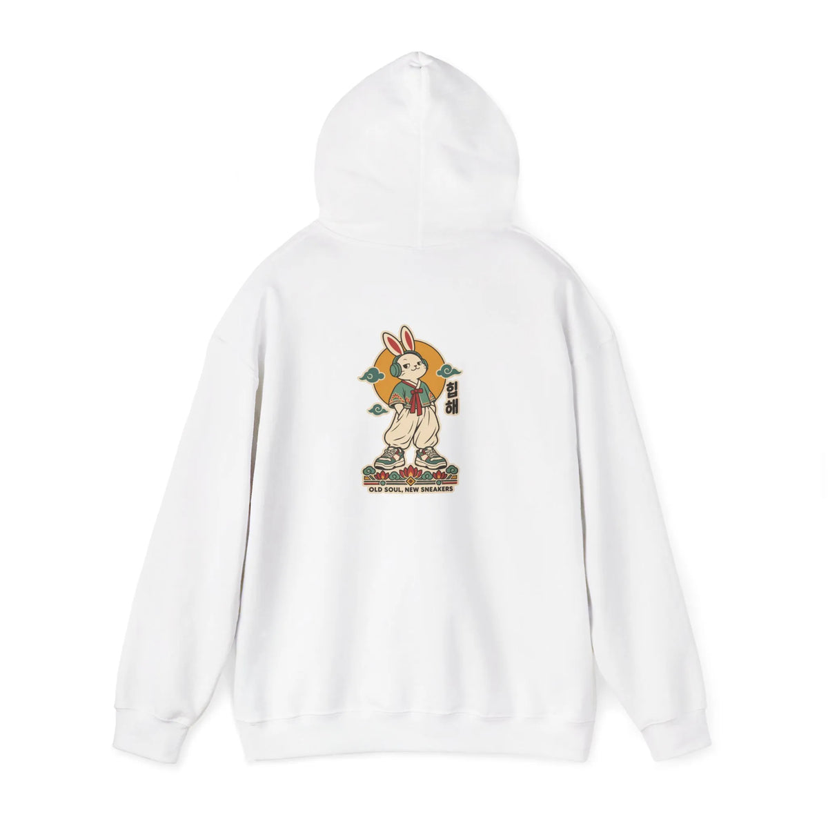 Off-white hoodie with a bunny in a hanbok, headphones and sneakers on the back