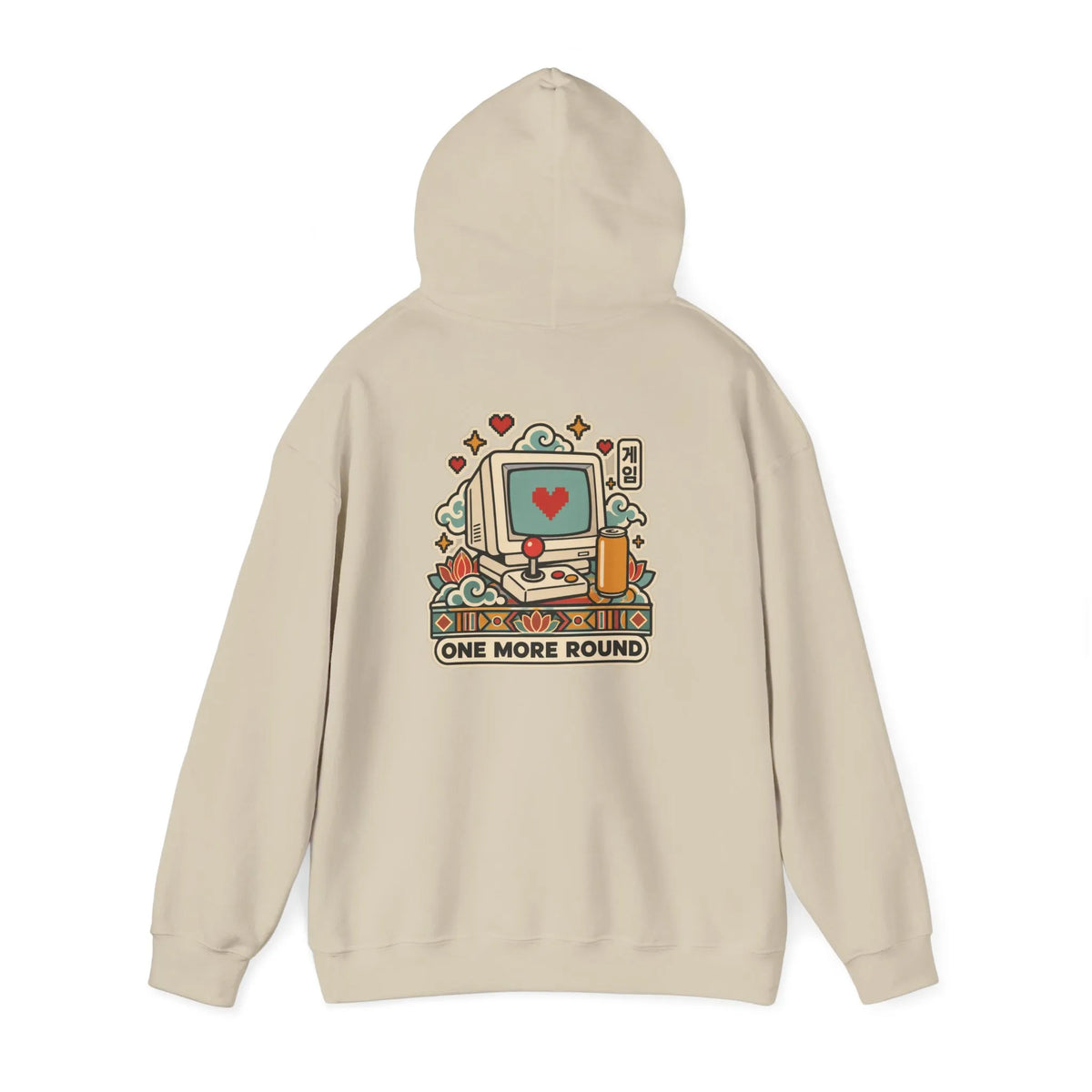 Beige hoodie with a late-night gaming graphic on the back