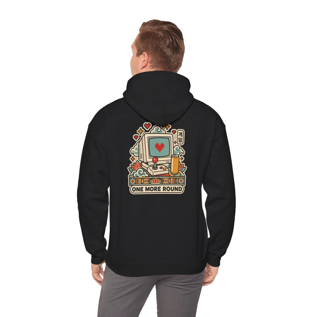 Back view of a black hoodie with a late-night gaming graphic, worn by a man