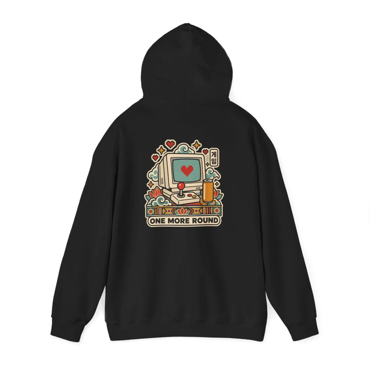 Black hoodie with a late-night gaming graphic on the back