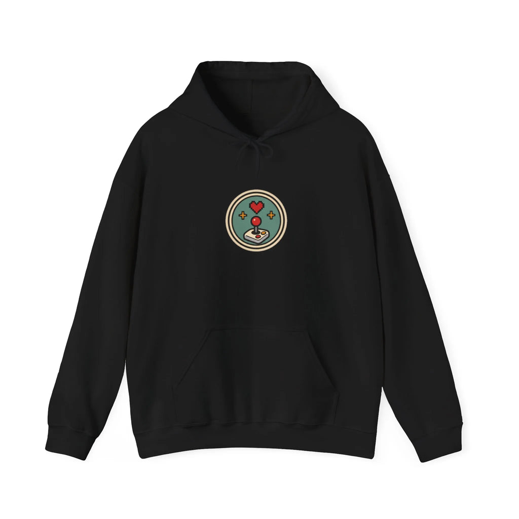 Front of a black hoodie with a small round gaming badge and kangaroo pocket