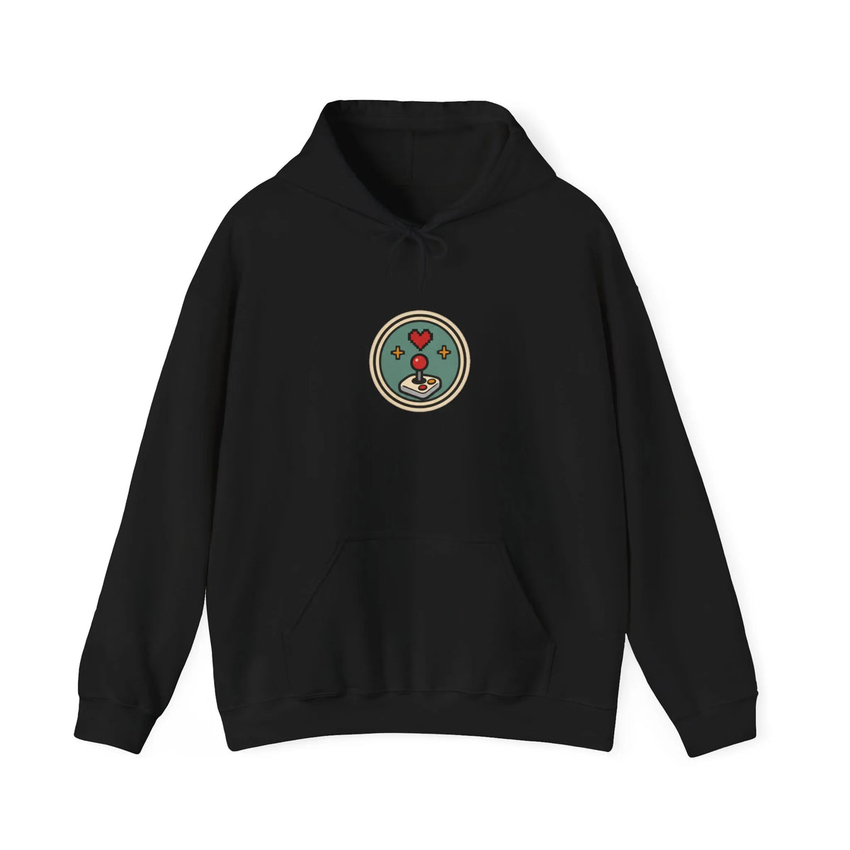 Front of a black hoodie with a small round gaming badge and kangaroo pocket