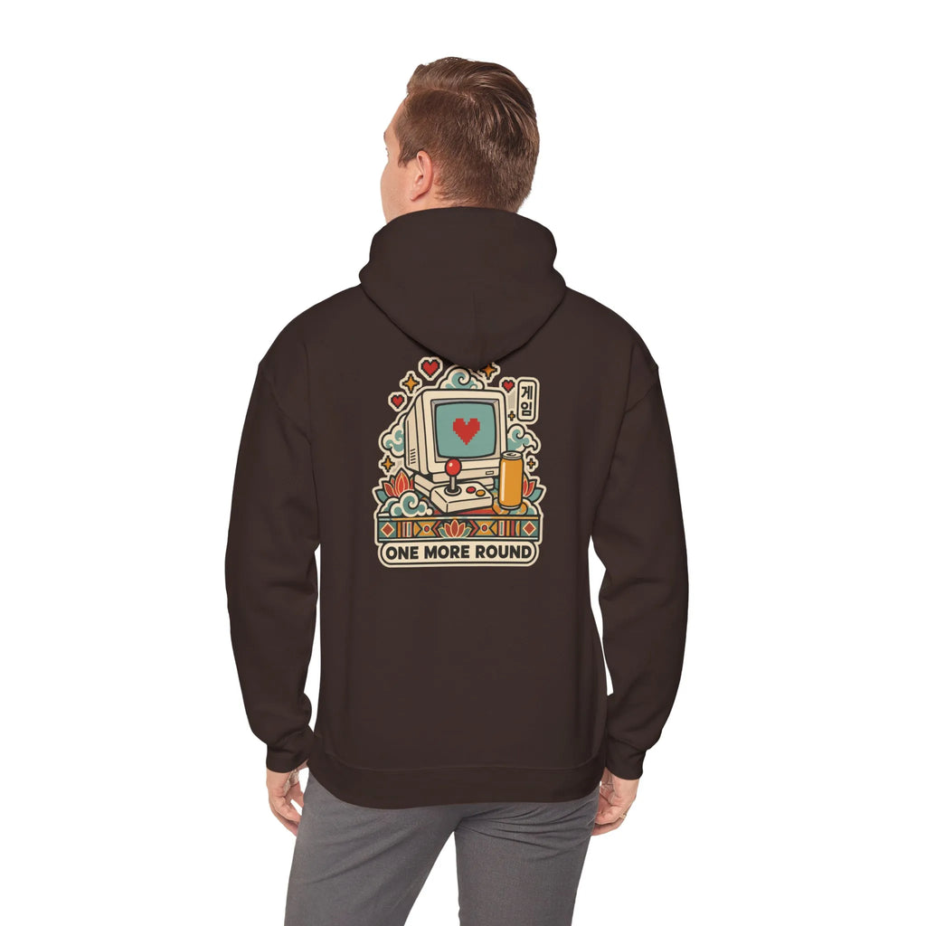 Back view of a coffee brown hoodie with a late-night gaming graphic, worn by a man