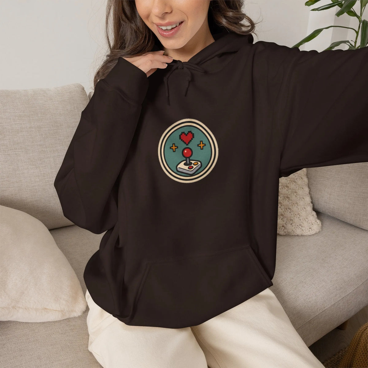 one-more-round-korean-hoodie-coffee-brown-front-model-sofa