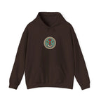 Front of a coffee brown hoodie with a small round gaming badge